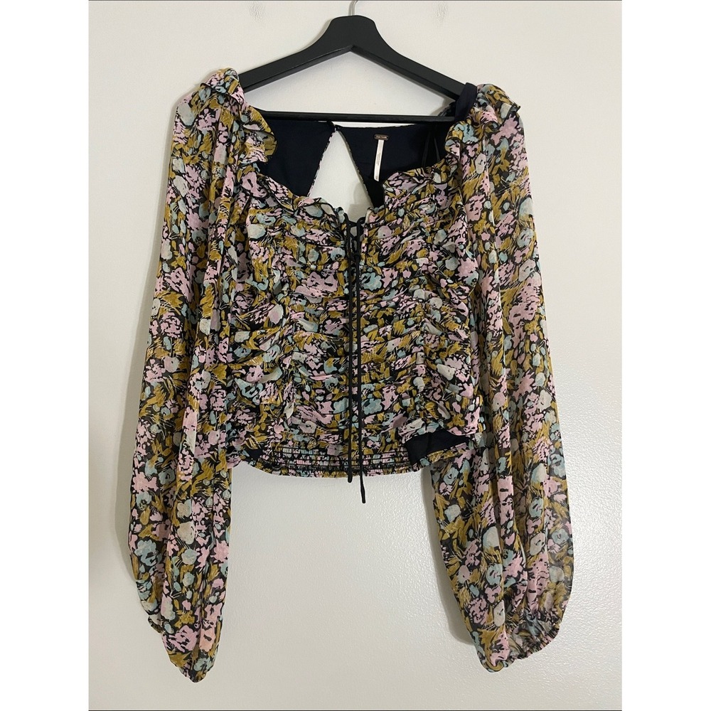 Free People Top Floral Ruched Lace Up XS Boho Blouse